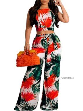 Women's 2 Piece Vacation Outfit Floral Resort Wear Crop Top Long Pants